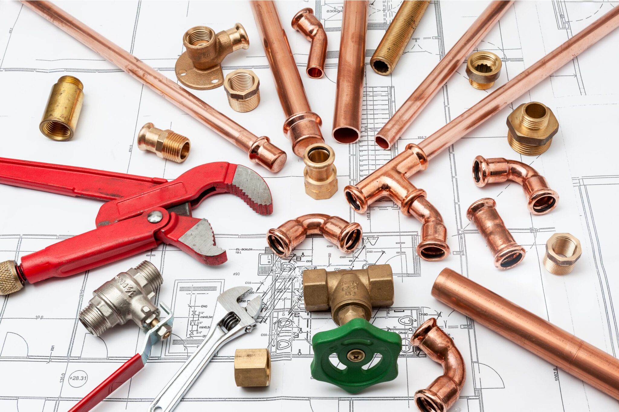 Copper pipes, fittings, valves, and plumbing tools in Apollo Beach