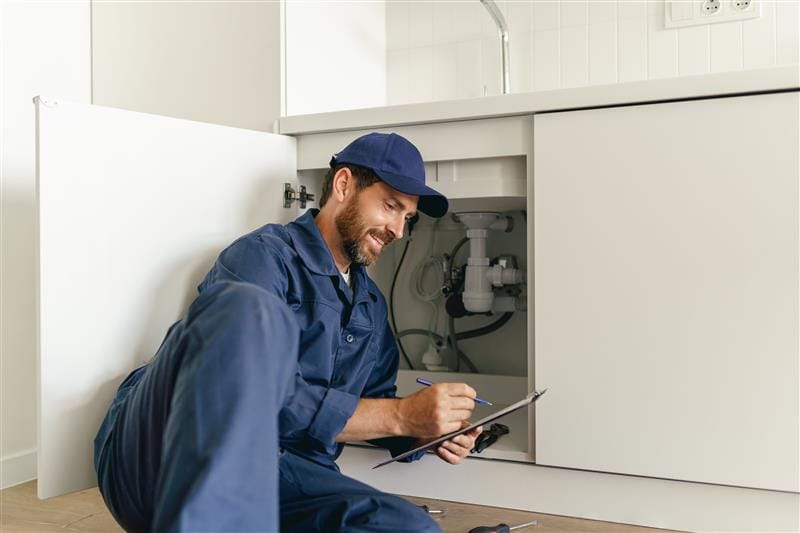 Residential plumber reviewing plumbing repairs in a Apollo Beach kitchen