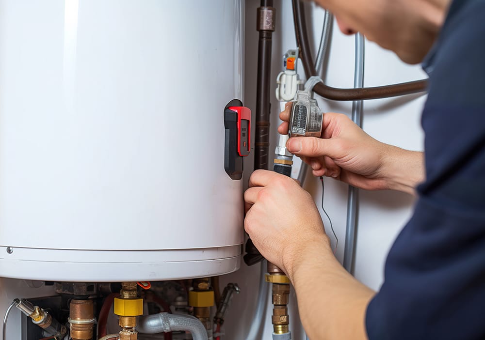 Technician repairing pipes connected to a water heater in Apollo Beach